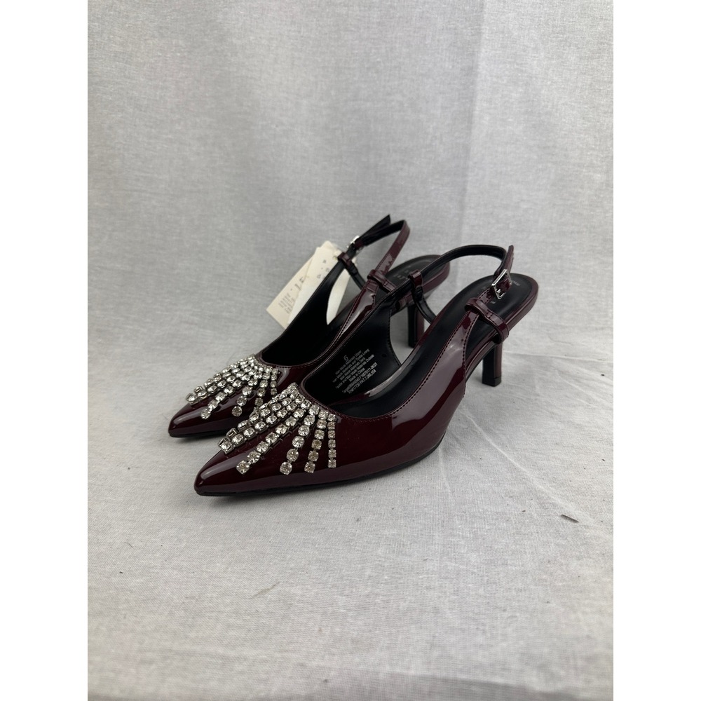 A New Day Burgundy Patent Rhinestone Slingback Pumps Kitten Heels Size 6‎ NEW